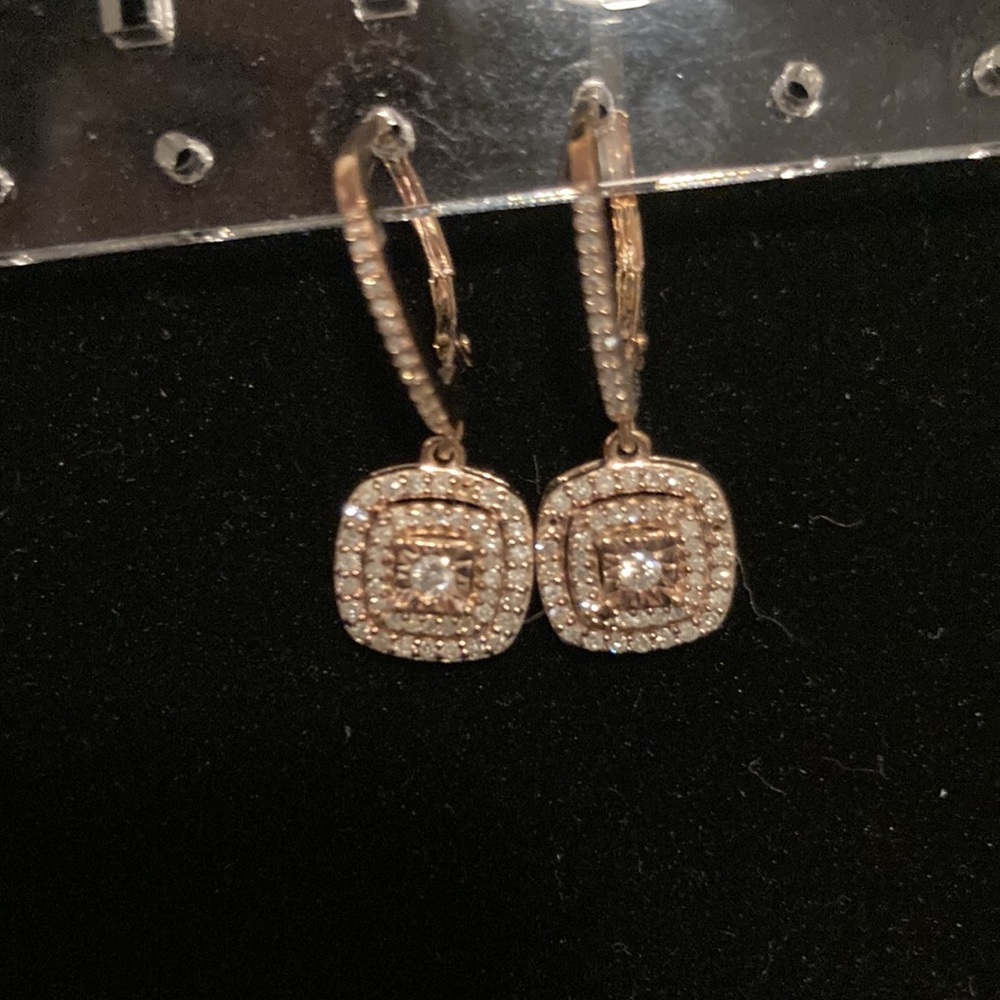 Diamond Halo Drop Earrings (1/2 ct. t.w.) in Sterling Silver, 14k Rose Gold - Picture 2 of 4
